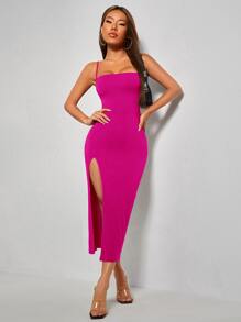 SHEIN PETITE Lace Up Backless Split Thigh Cami Dress - Hot Pink - View 2