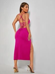 SHEIN PETITE Lace Up Backless Split Thigh Cami Dress - Hot Pink - View 3