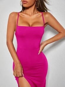 SHEIN PETITE Lace Up Backless Split Thigh Cami Dress - Hot Pink - View 4