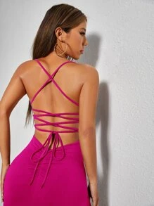 SHEIN PETITE Lace Up Backless Split Thigh Cami Dress - Hot Pink - View 6