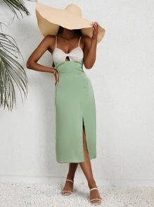 SHEIN VCAY Colourblock Cut Out Split Thigh Cami Dress - Green - View 2