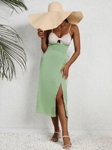 SHEIN VCAY Colourblock Cut Out Split Thigh Cami Dress - Green - View 4