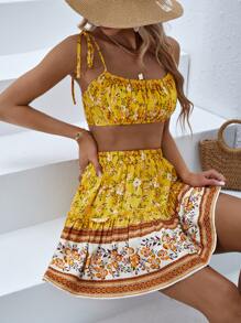 SHEIN VCAY Floral Print Tie Shoulder Cami Top & Ruffle Hem Skirt - Yellow - View 5