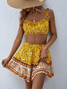 SHEIN VCAY Floral Print Tie Shoulder Cami Top & Ruffle Hem Skirt - Yellow - View 2