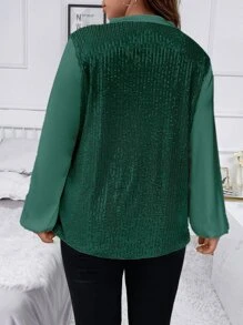 SHEIN Clasi Plus Lantern Sleeve Sequins Blouse - Green - View 2
