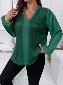 SHEIN Clasi Plus Lantern Sleeve Sequins Blouse - Green - View 4