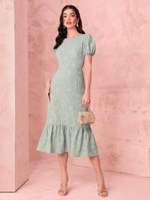 Modelyn 提花泡泡袖荷葉邊連衣裙 - 薄荷綠 - 查看 1