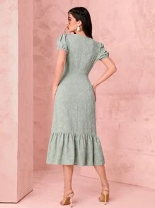 Modelyn 提花泡泡袖荷葉邊連衣裙 - 薄荷綠 - 查看 2