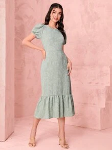 Modelyn 提花泡泡袖荷葉邊連衣裙 - 薄荷綠 - 查看 3