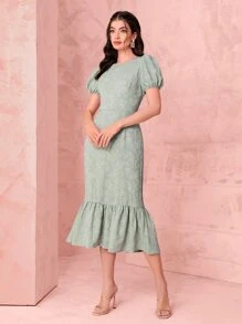 Modelyn 提花泡泡袖荷葉邊連衣裙 - 薄荷綠 - 查看 4