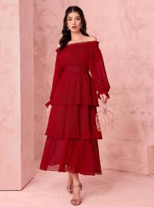 Mulvari 圓點一字肩荷葉袖層疊下擺連衣裙 - 酒紅色 - 查看 1