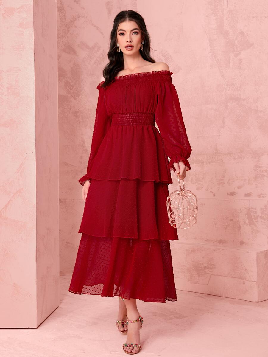 Mulvari 圓點一字肩荷葉袖層疊下擺連衣裙 - 酒紅色 - 查看 1