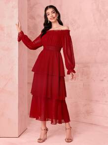 Mulvari 圓點一字肩荷葉袖層疊下擺連衣裙 - 酒紅色 - 查看 3