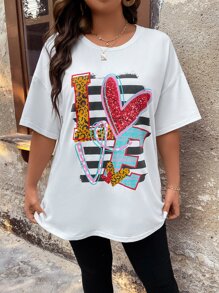 SHEIN LUNE Plus Heart & Letter Graphic Drop Shoulder Tee - White - View 3