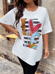 SHEIN LUNE Plus Heart & Letter Graphic Drop Shoulder Tee - White - View 5
