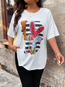 SHEIN LUNE Plus Heart & Letter Graphic Drop Shoulder Tee - White - View 6
