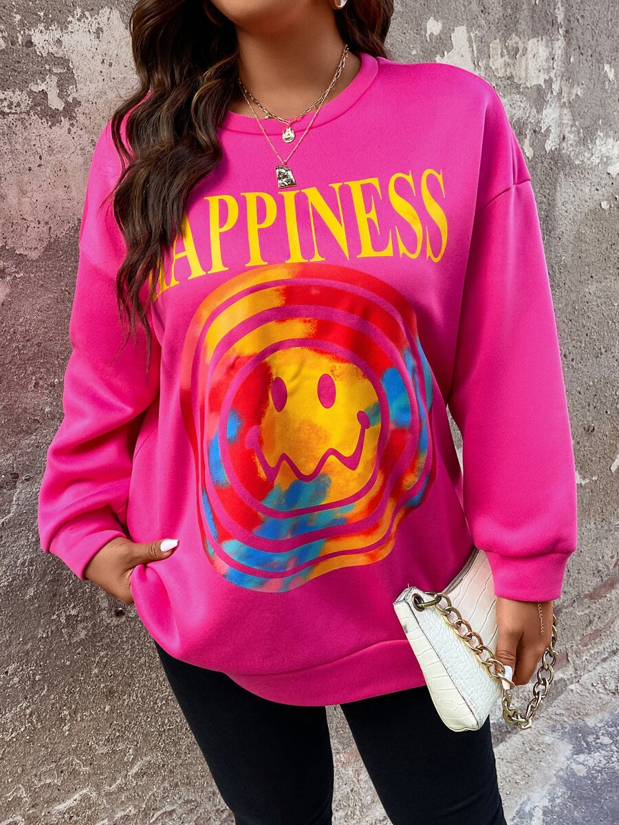 Flirla Plus Letter & Cartoon Graphic Drop Shoulder Sweatshirt - Hot Pink - View 1