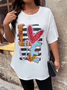 SHEIN LUNE Plus Heart & Letter Graphic Drop Shoulder Tee - White - View 8
