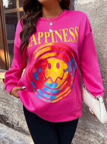 Flirla Plus Letter & Cartoon Graphic Drop Shoulder Sweatshirt - Hot Pink - View 3