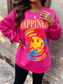 Flirla Plus Letter & Cartoon Graphic Drop Shoulder Sweatshirt - Hot Pink - View 5