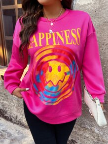 Flirla Plus Letter & Cartoon Graphic Drop Shoulder Sweatshirt - Hot Pink - View 6