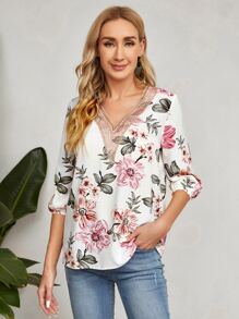 EMERY ROSE Floral Print Contrast Guipure Lace Blouse - Multicolor - View 1