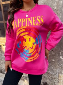 Flirla Plus Letter & Cartoon Graphic Drop Shoulder Sweatshirt - Hot Pink - View 7