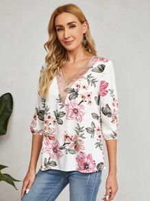 EMERY ROSE Floral Print Contrast Guipure Lace Blouse - Multicolor - View 3