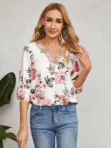 EMERY ROSE Floral Print Contrast Guipure Lace Blouse - Multicolor - View 4