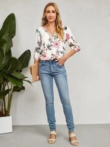 EMERY ROSE Floral Print Contrast Guipure Lace Blouse - Multicolor - View 5