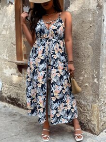 SHEIN VCAY Plus Allover Floral Print Crisscross Front Cami Romper - Multicolor - View 8