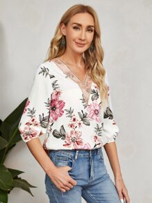 EMERY ROSE Floral Print Contrast Guipure Lace Blouse - Multicolor - View 6