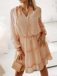 圓點燈籠袖褶邊洋裝 - 杏色 - 查看 3