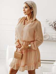 圓點燈籠袖褶邊洋裝 - 杏色 - 查看 5