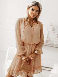 圓點燈籠袖褶邊洋裝 - 杏色 - 查看 4