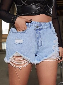 SHEIN ICON Plus Ripped Raw Hem Denim Shorts - Light Wash - View 4