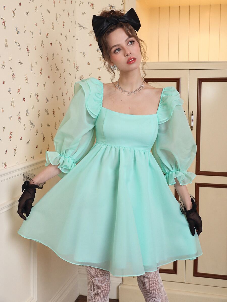 SHEIN MOD Sweetheart Neck Ruffle Trim Flounce Sleeve Dress - Mint Green - View 1
