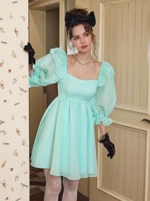 SHEIN MOD Sweetheart Neck Ruffle Trim Flounce Sleeve Dress - Mint Green - View 3