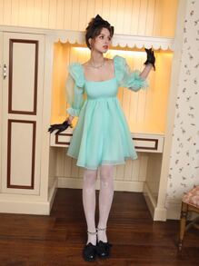 SHEIN MOD Sweetheart Neck Ruffle Trim Flounce Sleeve Dress - Mint Green - View 5
