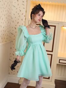SHEIN MOD Sweetheart Neck Ruffle Trim Flounce Sleeve Dress - Mint Green - View 4