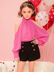 SHEIN Girls Double Breasted Glitter Shorts - Black - View 5