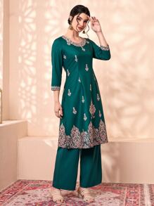 Divindia Floral Print Slit Hem Kurta Top & Trousers - Dark Green - View 4