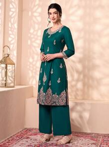 Divindia Floral Print Slit Hem Kurta Top & Trousers - Dark Green - View 5