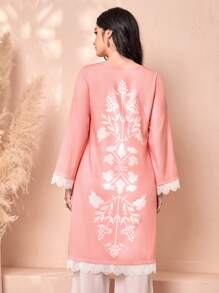 Divindia Floral Print Contrast Lace Trim Kurta Style Indian - Coral Pink - View 2