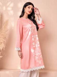 Divindia Floral Print Contrast Lace Trim Kurta Style Indian - Coral Pink - View 3