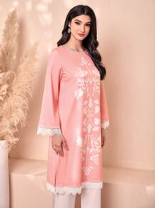 Divindia Floral Print Contrast Lace Trim Kurta Style Indian - Coral Pink - View 4