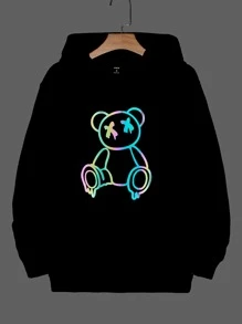 Manfinity VCAY 男士反光小熊印花抽繩連帽衫 - 黑色 - 查看 1