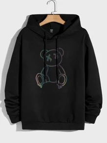 Manfinity VCAY 男士反光小熊印花抽繩連帽衫 - 黑色 - 查看 4