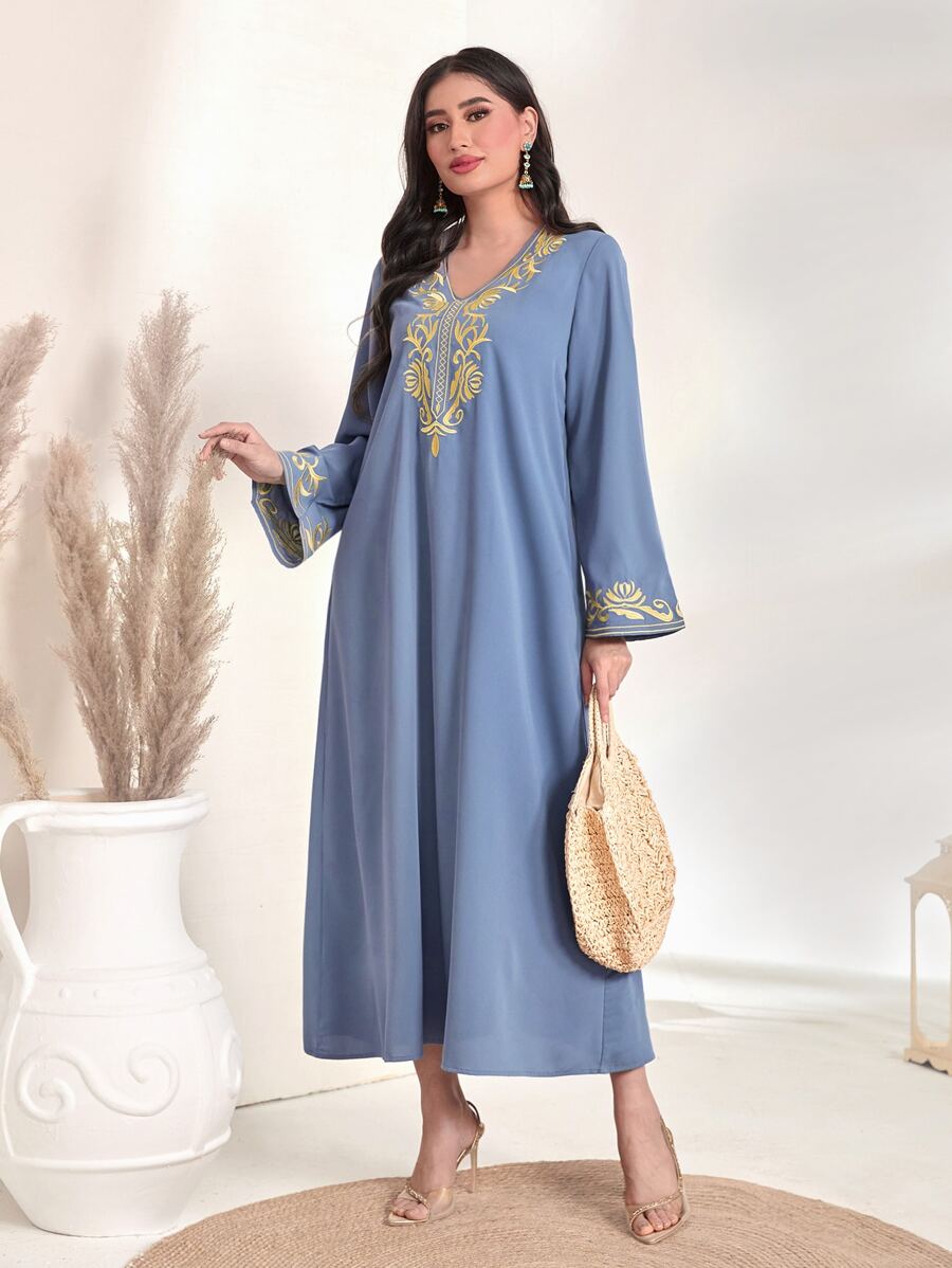 Al Najma Floral Embroidery V Neck Kaftan - Dusty Blue - View 1