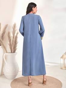 Al Najma Floral Embroidery V Neck Kaftan - Dusty Blue - View 2